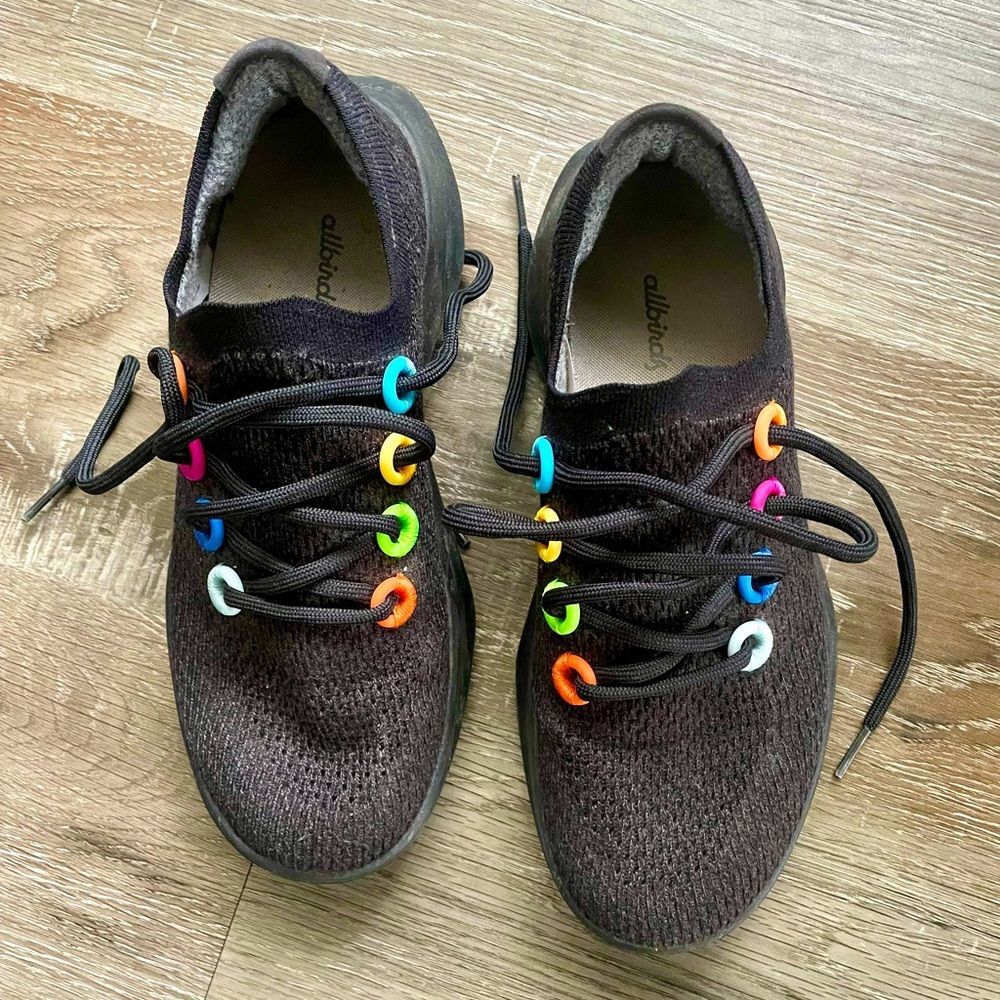 Custom Black Allbirds Tree Dashers with Rainbow Detail